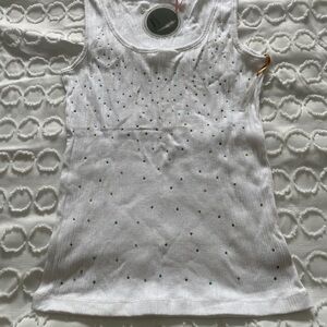One Girl Who White Ribbed Tank Top with Colorful Rhinestones